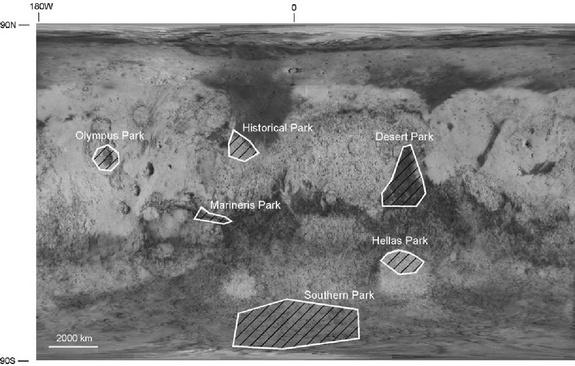 Map of Mars showing the location of six possible planetary parks.