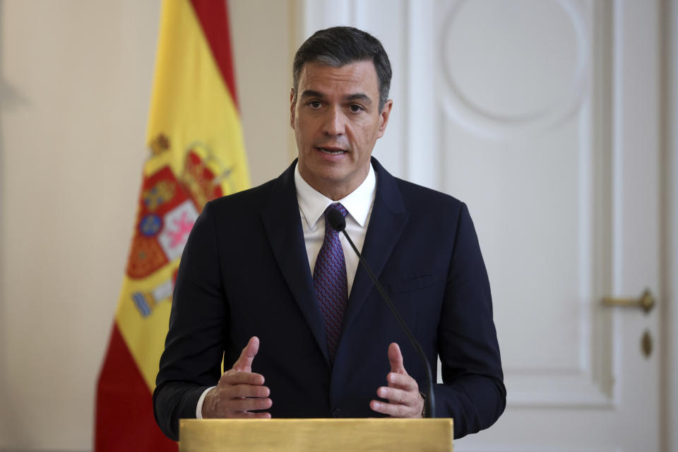 Spanish Prime Minister Pedro Sanchez speaks during a press conference after official talks with the members of Bosnian presidency in Sarajevo, Bosnia, Saturday, July 30, 2022. (AP Photo/Armin Durgut)