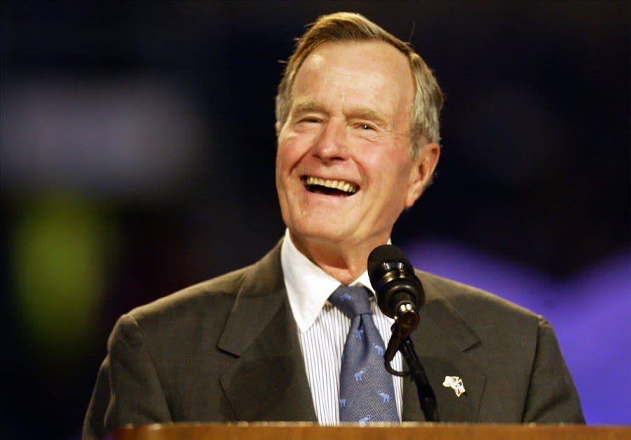 IRVING, TX – OCTOBER 17: Former United States President George Bush speaks during the Billy Graham Crusade at Texas Stadium October 17, 2002 in Irving, Texas. (Photo by Ronald Martinez/Getty Images)