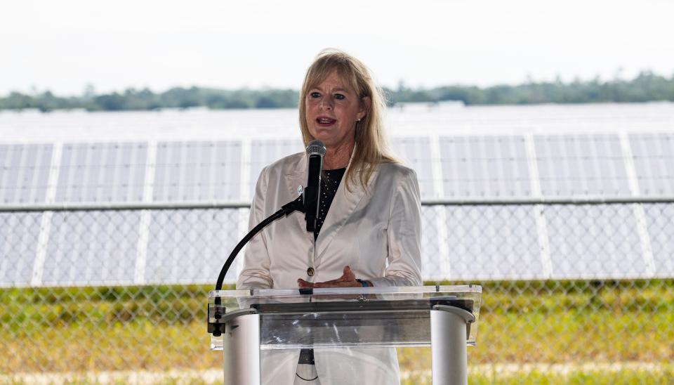 Pam Rauch, Vice President of External Affairs and Economic Development of Florida Power & Light Company speaks at the unveiling of the new solar ranch building at Babcock Ranch on Monday, April 22, 2024. The solar panel field at the ranch is now open to the public. People who tour the ranch will have the opportunity to learn about solar power and how it is harnessed with interactive displays among other things.