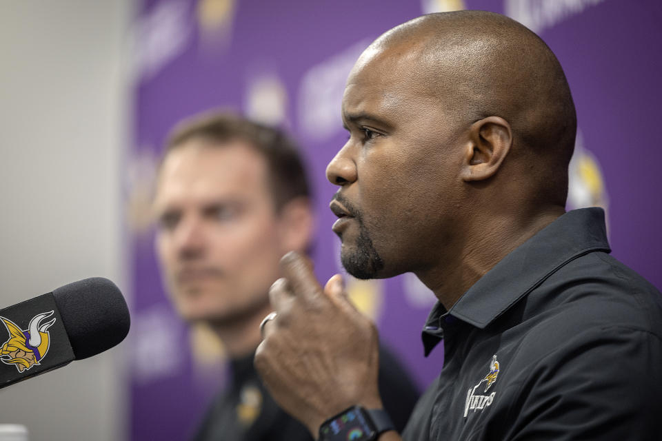 Minnesota Vikings new defensive coordinator Brian Flores speaks an NFL football news conference, Wednesday, Fe. 15, 2023, inEagan, Minn. (Elizabeth Flores/Star Tribune via AP)