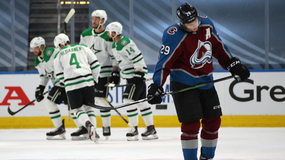 EDMONTON, ALBERTA - AUGUST 24:  Jamie Oleksiak #2, Alexander Radulov #47, Miro Heiskanen #4, Tyler Seguin #91 and Jamie Benn #14 of the Dallas Stars celebrate Radulov's goal as Nathan MacKinnon #29 of the Colorado Avalanche looks on in the second period of Game Two of the Western Conference Second Round of the 2020 NHL Stanley Cup Playoff Between the Dallas Stars and the Colorado Avalanche at Rogers Place on August 24, 2020 in Edmonton, Canada. (Photo by Dave Sandford/NHLI via Getty Images)