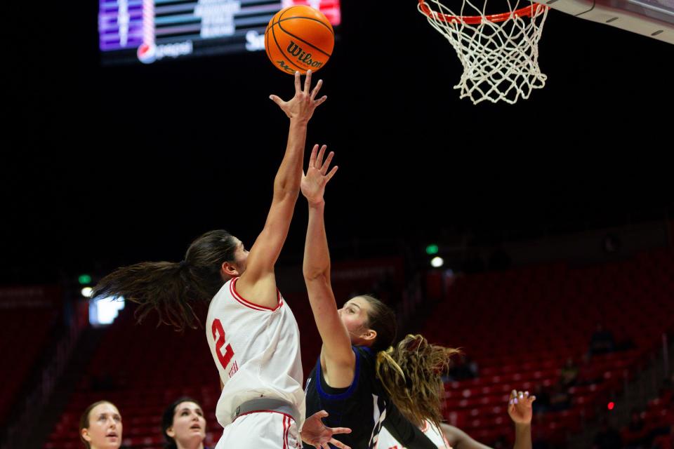 Utah Utes guard Ines Vieira (2) shoots the ball during the women’s college basketball game between the University of Utah and Weber State University at the Jon M. Huntsman Center in Salt Lake City on Thursday, Dec. 21, 2023.