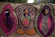 Women commemorate International Women's Day on Reforma Avenue in Mexico City