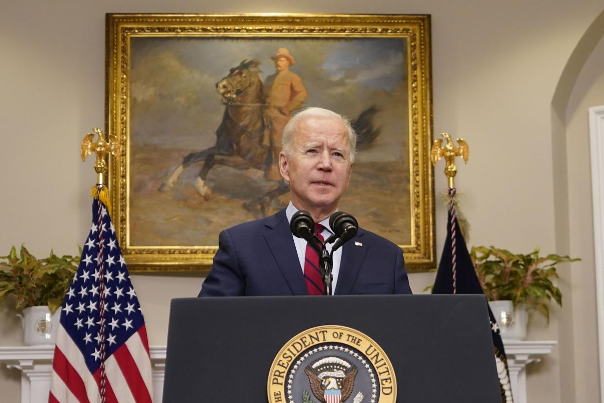 President Joe Biden speaks on the economy in the Roosevelt Room of the White House, Saturday, Feb. 27, 2021, in Washington. (AP Photo/Pablo Martinez Monsivais)