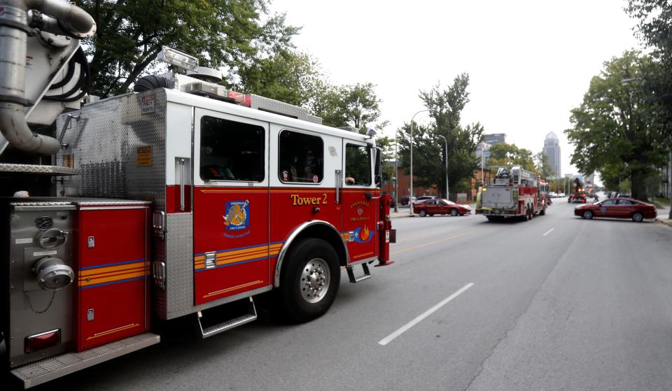 A slew of fire trucks went with a steel beam from the World Trade Center to the Cathedral of the Assumption for its annual Blue Mass.   Sept. 11, 2021