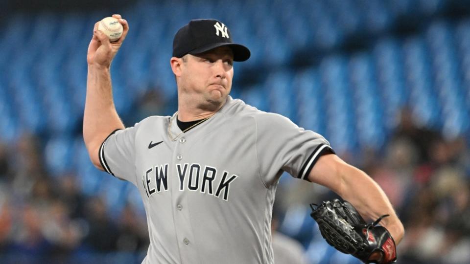 May 17, 2023; Toronto, Ontario, CAN; New York Yankees starting pitcher Gerrit Cole (45) delivers a pitch against the Toronto Blue Jays in the first inning at Rogers Centre