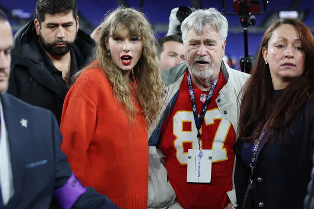 <p>Perry Knotts/Getty </p> Taylor Swift and Ed Kelce.