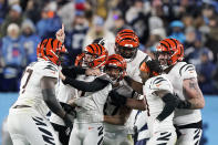 Cincinnati Bengals kicker Evan McPherson (2) celebrates his game-winning field goal against the Tennessee Titans after an NFL divisional round playoff football game, Saturday, Jan. 22, 2022, in Nashville, Tenn. The Cincinnati Bengals won 19-16.(AP Photo/Mark Humphrey)