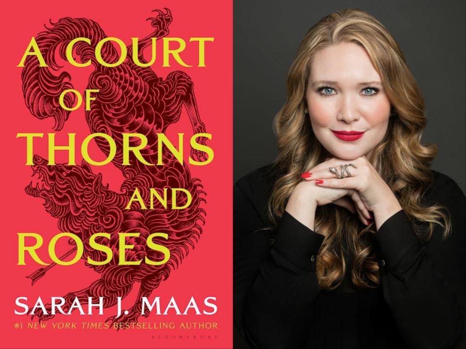 A side-by-side of the cover of "A Court of Thorns and Roses" and a headshot of Sarah J. Maas.