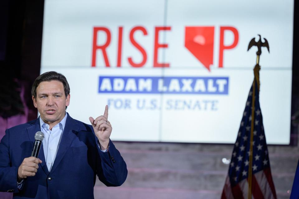 Florida Gov. Ron DeSantis speaks during a rally for Republican U.S. Senate candidate Adam Laxalt at Stoney’s Rockin’ Country in Las Vegas, Nevada on April 27, 2022.