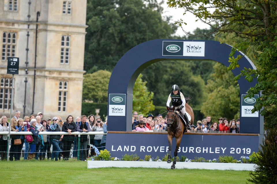 Pippa Funnell during the cross country phase of the  Land Rover Burghley Horse Trials