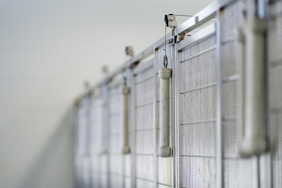 Each dog kennel at the new Boone County animal shelter has a pulley system. Handlers can pull on the bone-shaped handle to raise a doggie door that gives the animals access to an outdoor area. The space is built to house approximately 30 adoptable dogs.