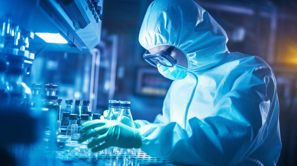 A scientist in a protective suit working in a state-of-the-art laboratory, researching drugs to combat infectious diseases.