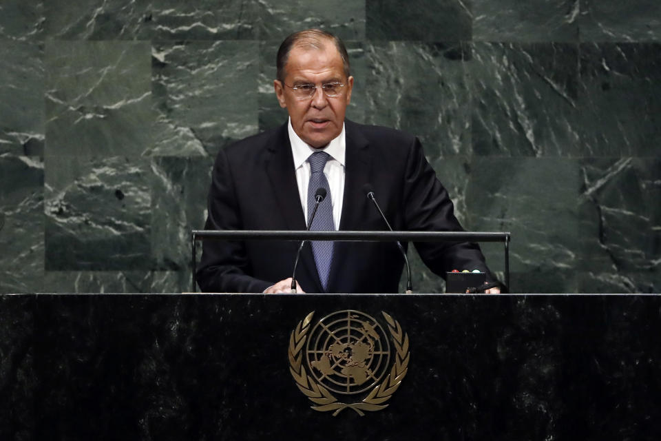 Russia's Foreign Minister Sergey Lavrov addresses the 73rd session of the United Nations General Assembly, at U.N. headquarters, Friday, Sept. 28, 2018. (AP Photo/Richard Drew)