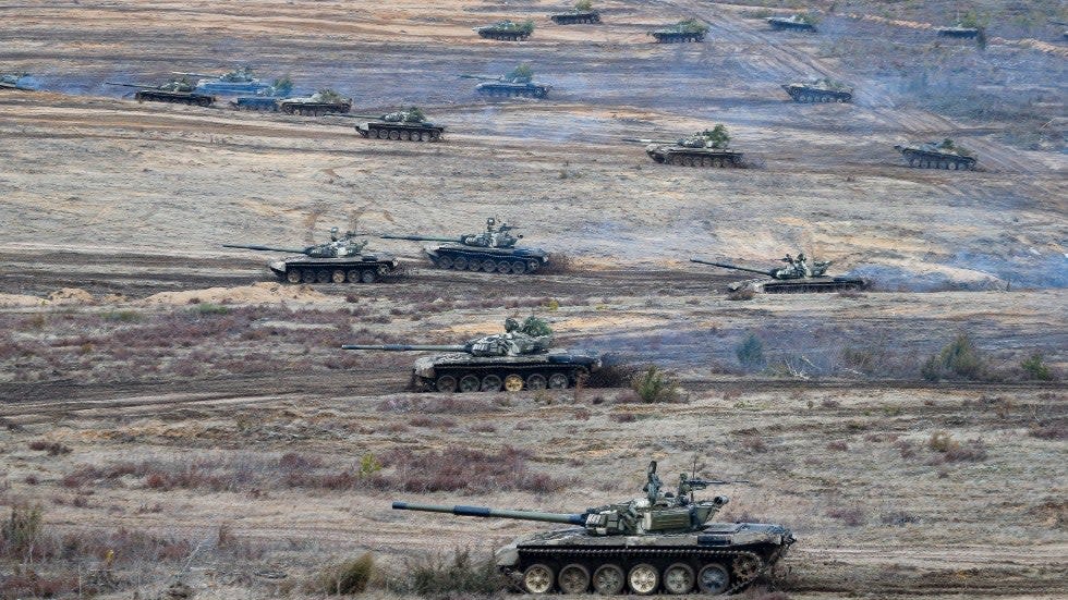 Tanks move during the Union Courage-2022 Russia-Belarus military drills