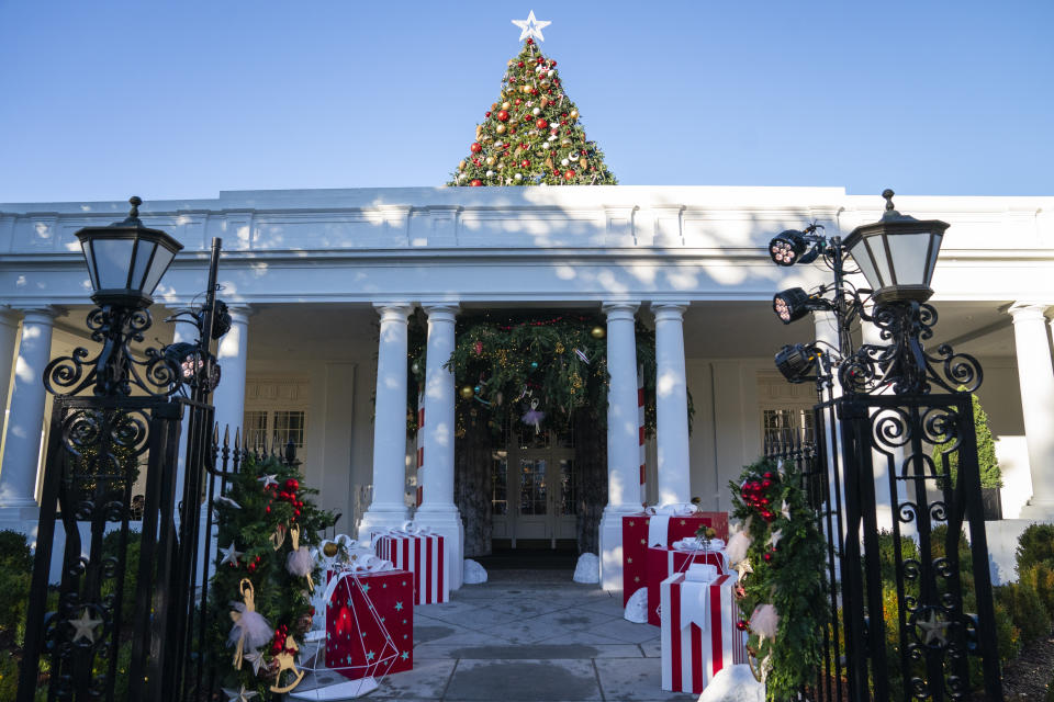 Holiday decorations adorn the White House for the 2023 theme "Magic, Wonder, and Joy," Monday, Nov. 27, 2023, in Washington. (AP Photo/Evan Vucci)