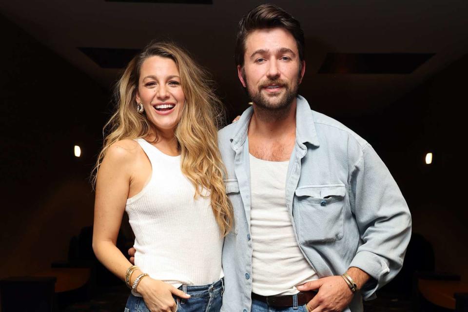 <p>Eric Charbonneau/Getty</p> Blake Lively and Brandon Sklenar at It Ends with Us Screening in Texas