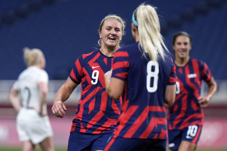 United States' Lindsey Horan(9) celebrates after scoring a goal during a women's soccer match against New Zealand at the 2020 Summer Olympics, Saturday, July 24, 2021, in Saitama, Japan. (AP Photo/Martin Mejia)