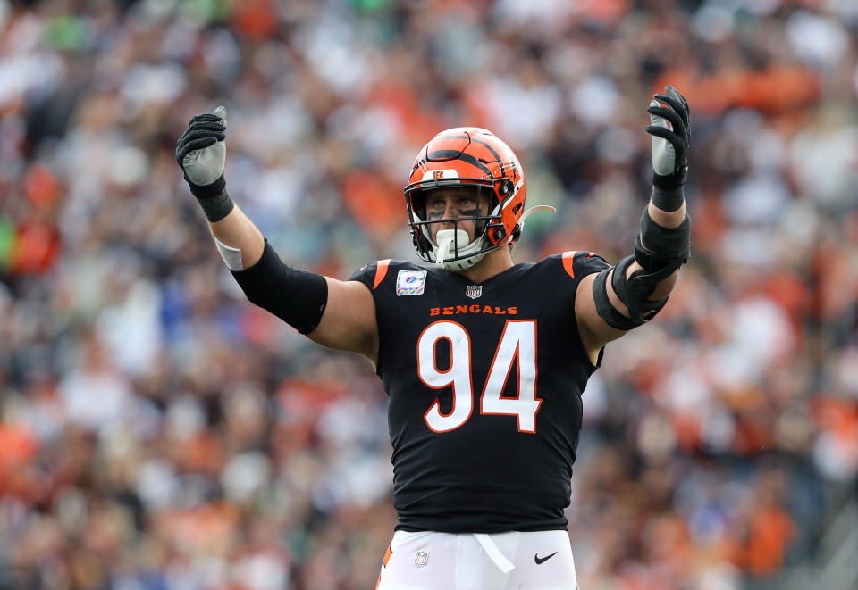 Oct 15, 2023; Cincinnati, Ohio, USA; Cincinnati Bengals defensive end Sam Hubbard (94) celebrates during the third quarter against the Seattle Seahawks at Paycor Stadium. Mandatory Credit: Joseph Maiorana-USA TODAY Sports