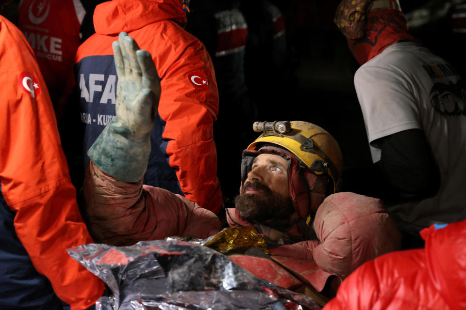 U.S. caver Mark Dickey, on a stretcher, is carried out of the Morca cave as his rescue operation comes to a successful end near Anamur in Mersin province, southern Turkey, September 12, 2023. / Credit: UMIT BEKTAS/REUTERS