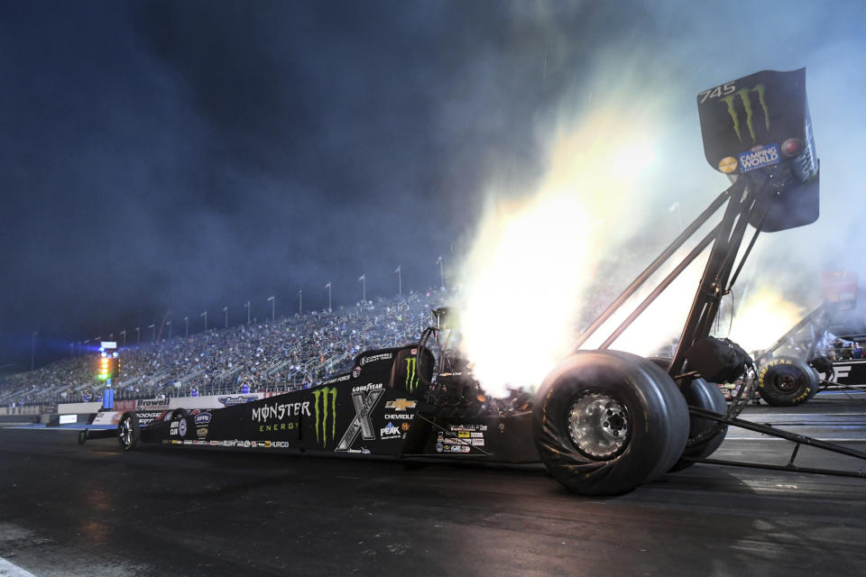 In this photo provided by the NHRA, Brittany Force drives in Top Fuel qualifying Friday night, Sept. 3, 2021, for the NHRA U.S. Nationals drag races at Lucas Oil Raceway in Brownsburg, Ind. (Marc Gewertz/NHRA via AP)