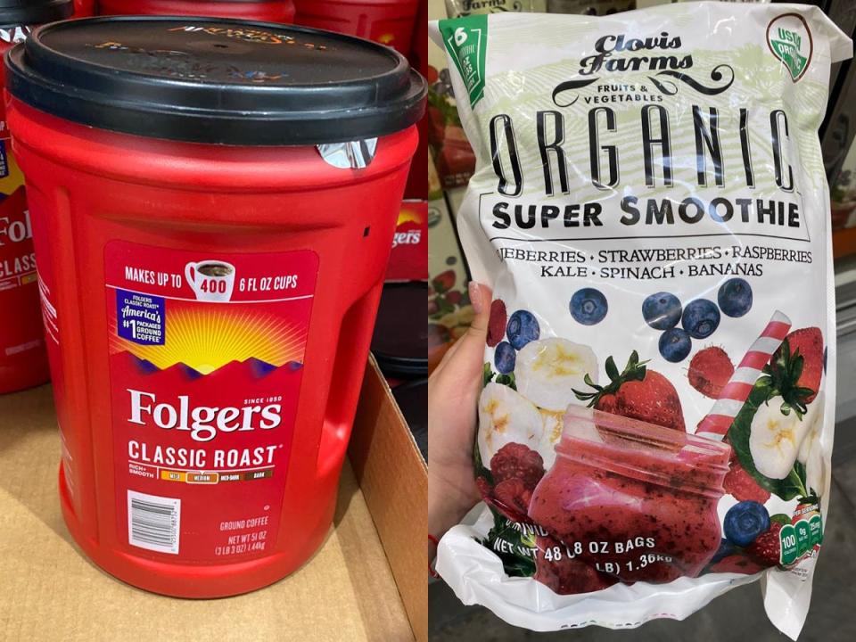 bulk folgers coffee on display at costco (left) hand holding a package of frozen smoothie mix