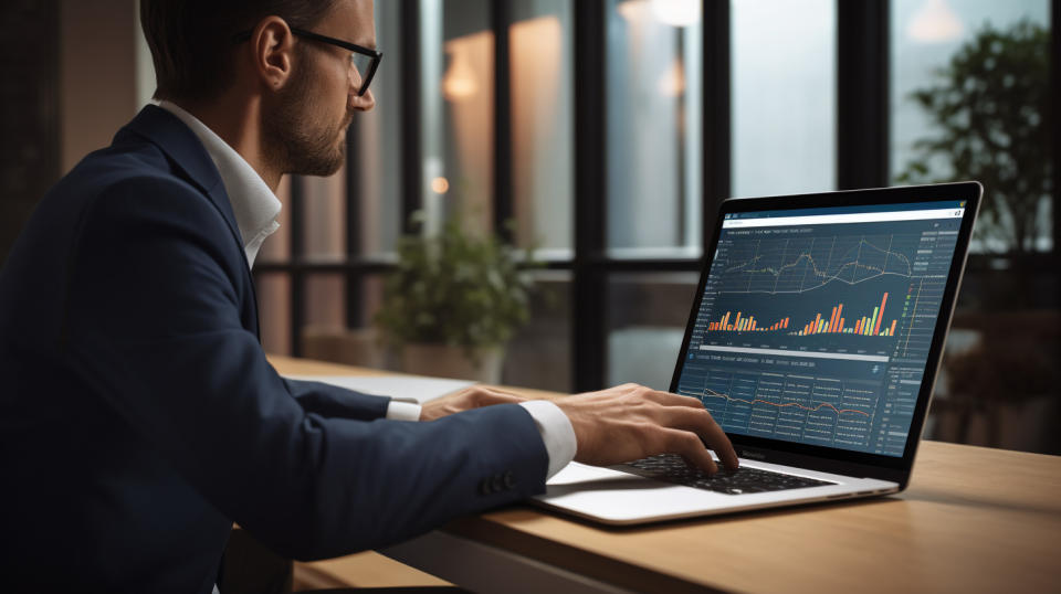 A financial advisor working on a laptop in a modern office, highlighting the company's investment services.