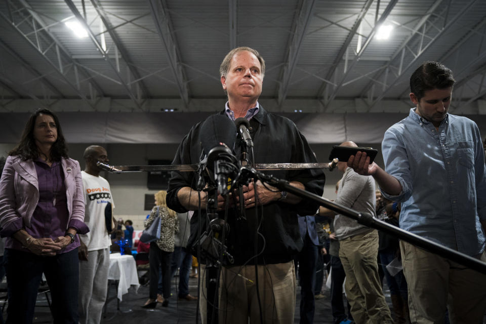 Democratic U.S. Senate candidate Doug Jones takes questions from reporters at a fish-fry campaign event Nov. 18 in Birmingham, Ala. (Photo: Drew Angerer/Getty Images)