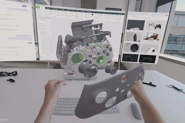 A Windows app extends into 3D space via a Meta Quest 3 VR headset.