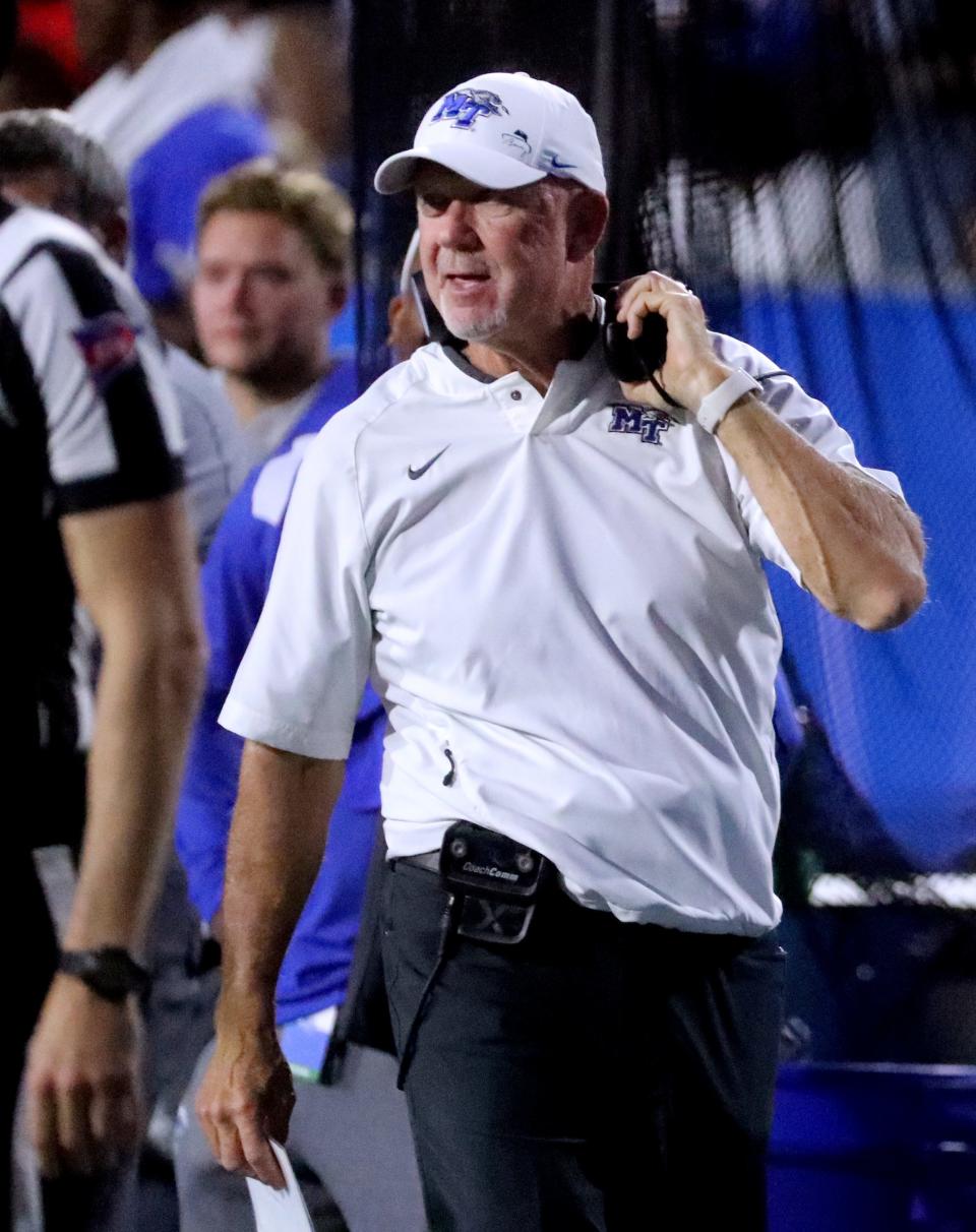 MTSU head coach Rick Stockstill on the sidelines during the game against TSU on Saturday, Sept. 17, 2022, at MTSU's home opener. 