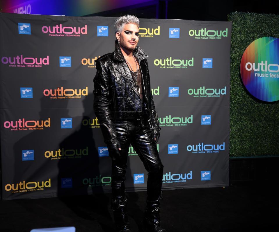 Adam Lambert attends OUTLOUD Music Festival in all black leather outfit and fishnet tank top at 2024 WeHo Pride on May 31, 2024 in West Hollywood, California. (Photo by Amy Sussman/Getty Images)