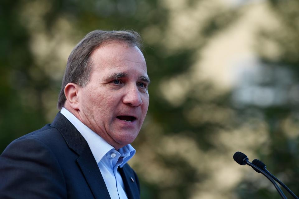 Swedish Prime Minister Stefan L&ouml;fven addresses an election campaign rally attended by Spain's prime minister in Enkoping, Sweden, on Sept. 5, 2018. (Photo: JONATHAN NACKSTRAND via Getty Images)