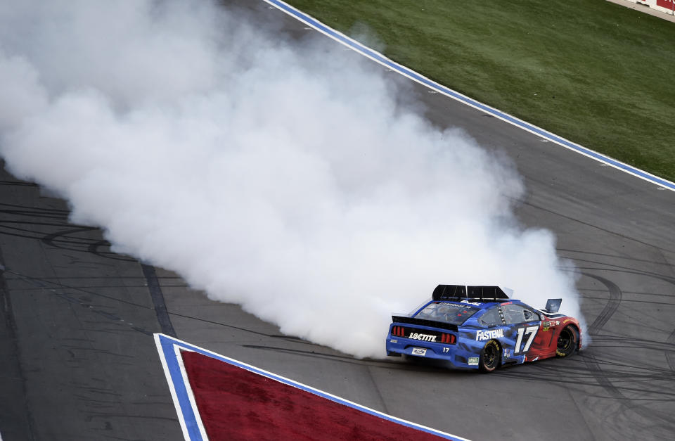 Ricky Stenhouse Jr. (17) spins down the front stretch during a NASCAR Cup Series auto race at Charlotte Motor Speedway in Concord, N.C., Sunday, May 26, 2019. (AP Photo/Mike McCarn)