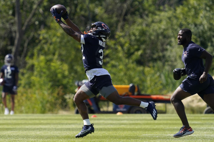 Chicago Bears running back David Montgomery catches a ball during the NFL football team's training camp, Saturday, July 30, 2022, in Lake Forest, Ill. (AP Photo/Nam Y. Huh)
