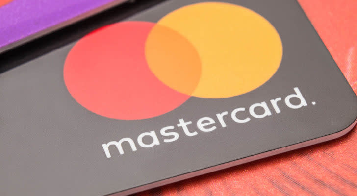 A close-up shot of Mastercard (MA) credit or debit cards.