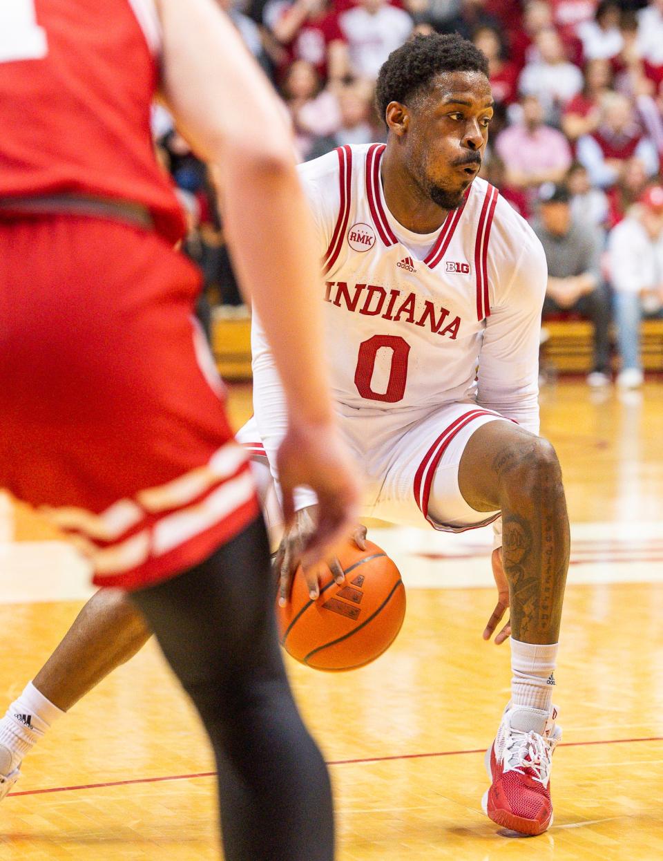 Indiana's Xavier Johnson (0) during the first half of the Indiana versus Wisconsin men's basketball game at Simon Skjodt Assembly Hall on Tuesday, Feb. 27, 2024.