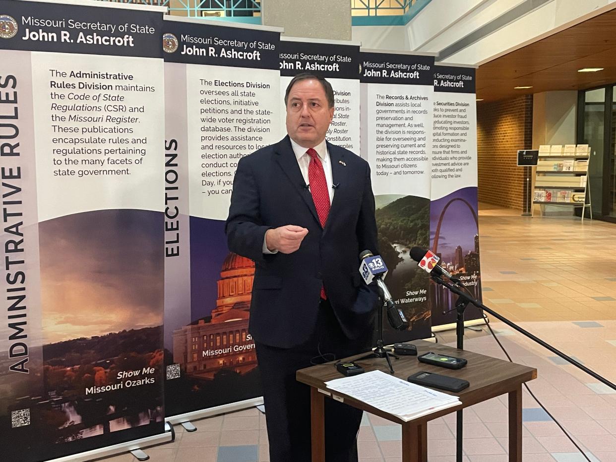 Missouri Secretary of State Jay Ashcroft delivers remarks to journalists at the James C Kirkpatrick State Information Center in Jefferson City on Dec. 20, 2023.