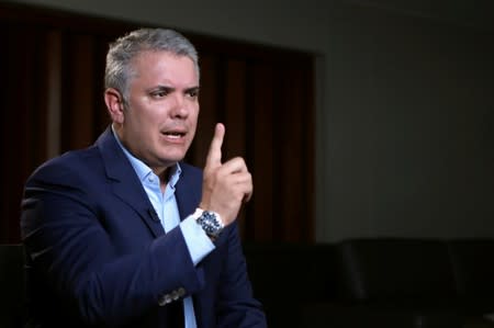 Colombia's President Ivan Duque speaks during an interview with Reuters in Bogota