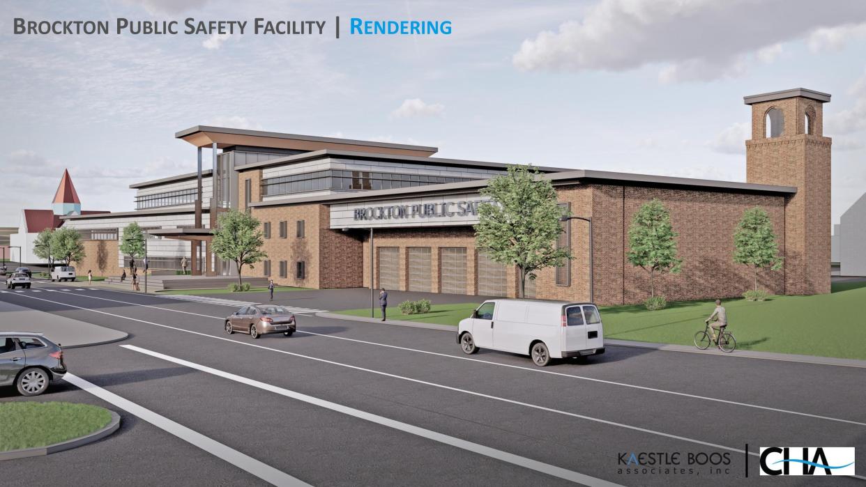 An initial proposed rendering of the combined public safety complex in Brockton, which could be located on Warren Avenue at the former Brockton High School site. This rendering shows the fire department's side of the building, close to the top of Legion Parkway.