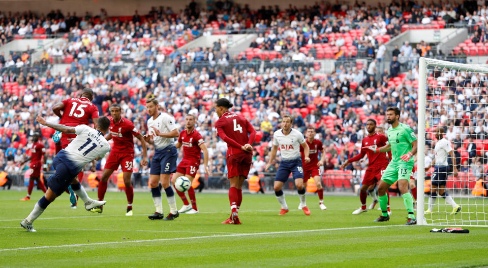 Erik Lamela fires home Tottenham’s goal in stoppage time