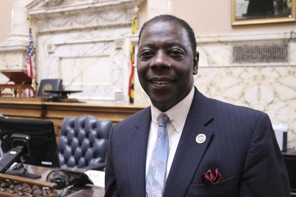 In this Jan, 23, 2020 photo, Talmadge Branch, of Baltimore, stands in the Maryland House of Delegates where he is the House majority whip in Annapolis, Md. Branch is one of 24 candidates in a special primary for the vacant congressional seat of Elijah Cummings, who died in October. (AP Photo/Brian Witte)