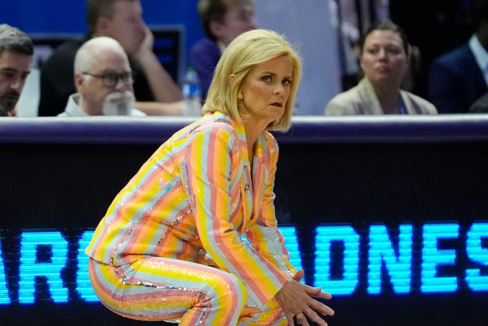 LSU head coach Kim Mulkey watches from the bench during the first half against of a game against Middle Tennessee on March 24. (Associated Press - image credit)