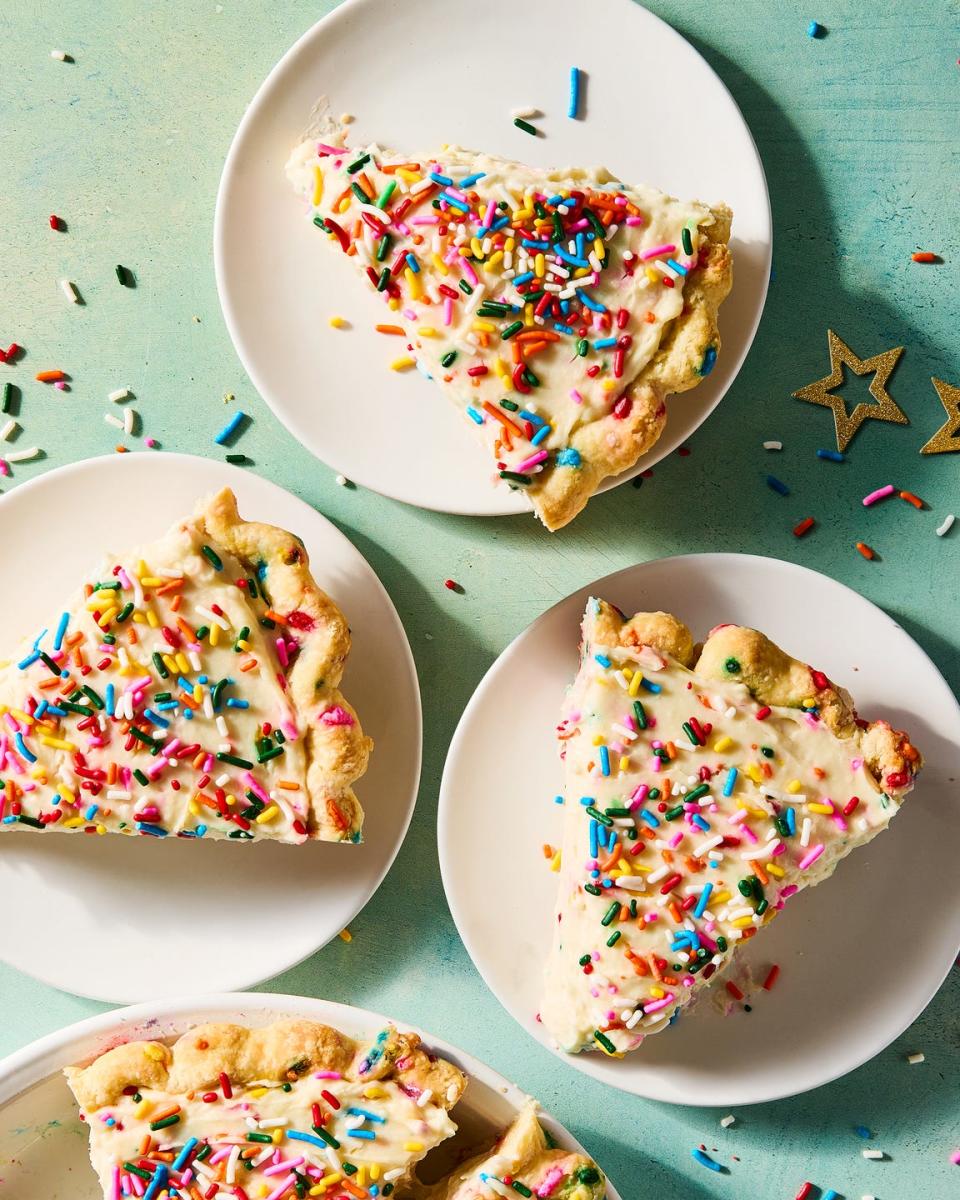 funfetti style cake in a pie dish