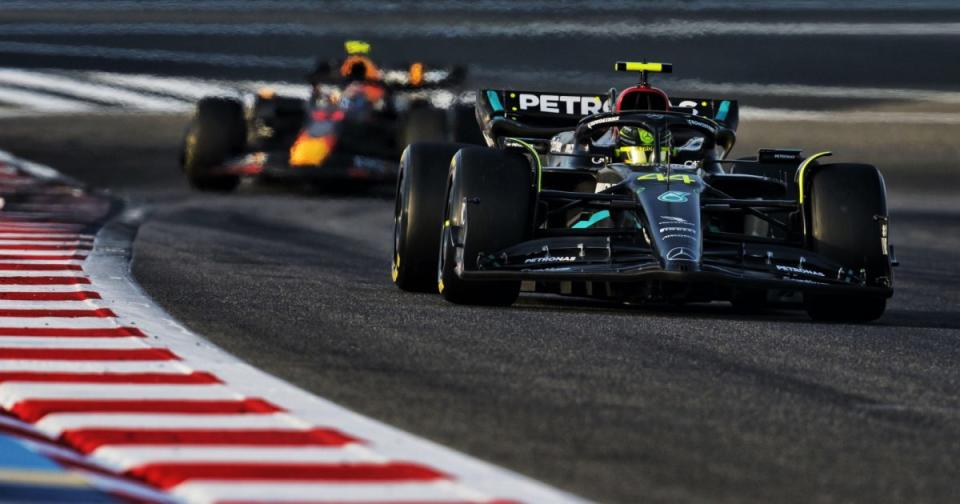 Mercedes' Lewis Hamilton during Bahrain testing, Sakhir, February 2023. Credit: Alamy