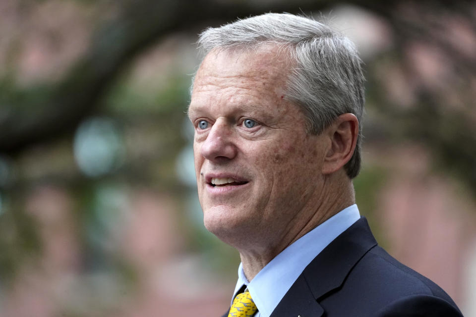 FILE - Massachusetts Gov. Charlie Baker speaks during a Juneteenth commemoration in Boston's Nubian Square, June 18, 2021. Charlie Baker will be the next president of the NCAA, replacing Mark Emmert as the head of the largest college sports governing body in the country. (AP Photo/Elise Amendola, File)