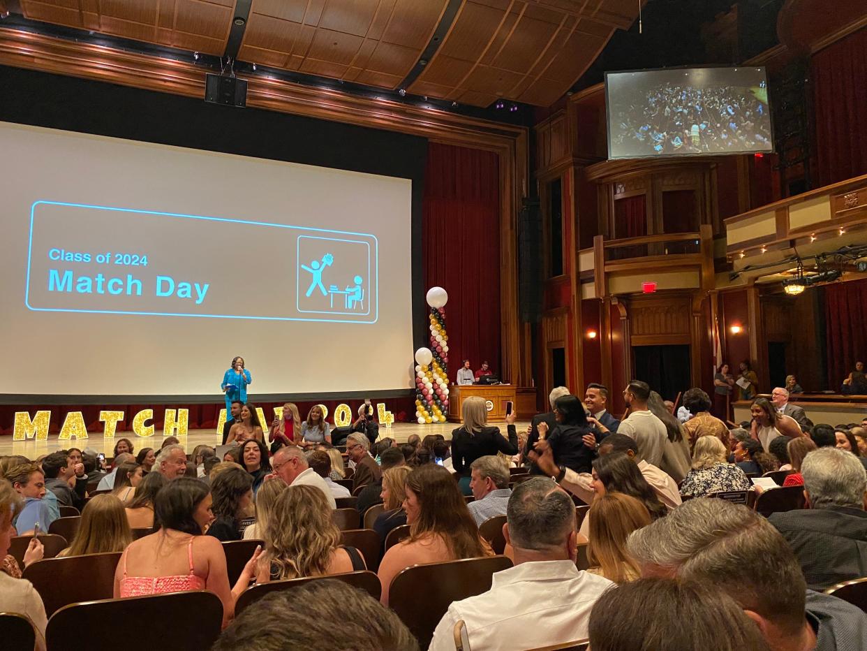 FSU College of Medicine Interim Dean Alma Littles tells medical students to open their match letters during a Match Day ceremony at Ruby Diamond Concert Hall Friday, March 15, 2024.