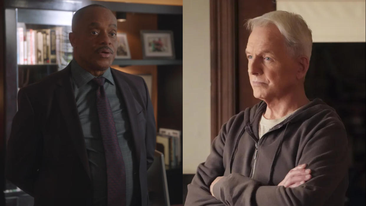  Rocky Carroll stands speaking in his office, and Mark Harmon looks pensive while standing in a well lit room on NCIS, pictured side by side. 