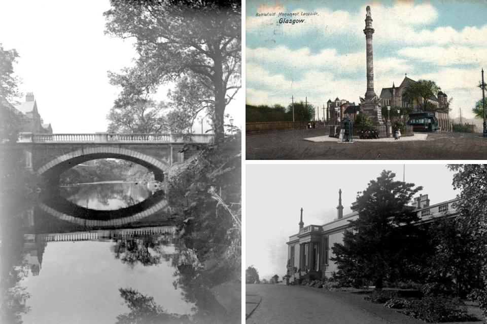 Millbrae Bridge, left, with the Langside Monument, top right and below, Langside House <i>(Image: Glasgow City Archives)</i>