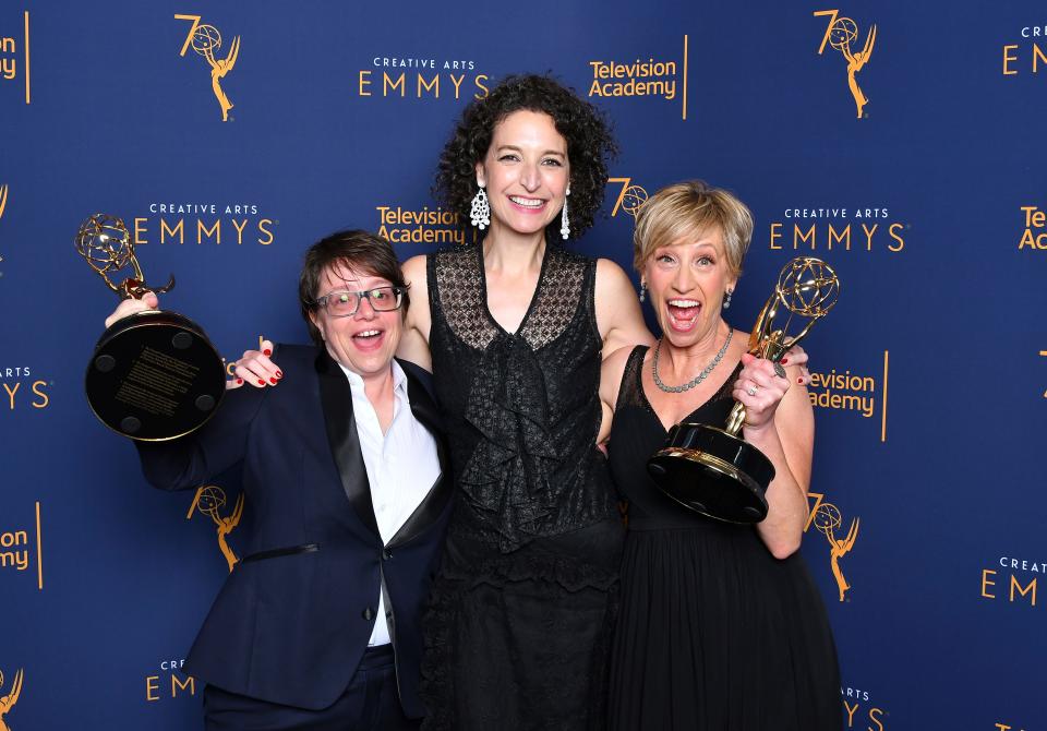 Cindy Tolan, from left, Meredith Tucker and Jeanie Bacharach, winners of the award for outstanding casting for a comedy series for "The Marvelous Mrs. Maisel" pose for a portrait during night one of the Television Academy's 2018 Creative Arts Emmy Awards at the Microsoft Theater on Saturday, Sept. 8, 2018, in Los Angeles.